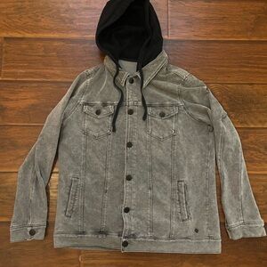 Metal Mulisha Women’s Gray Denim Jacket Hoodie – Distressed Wash